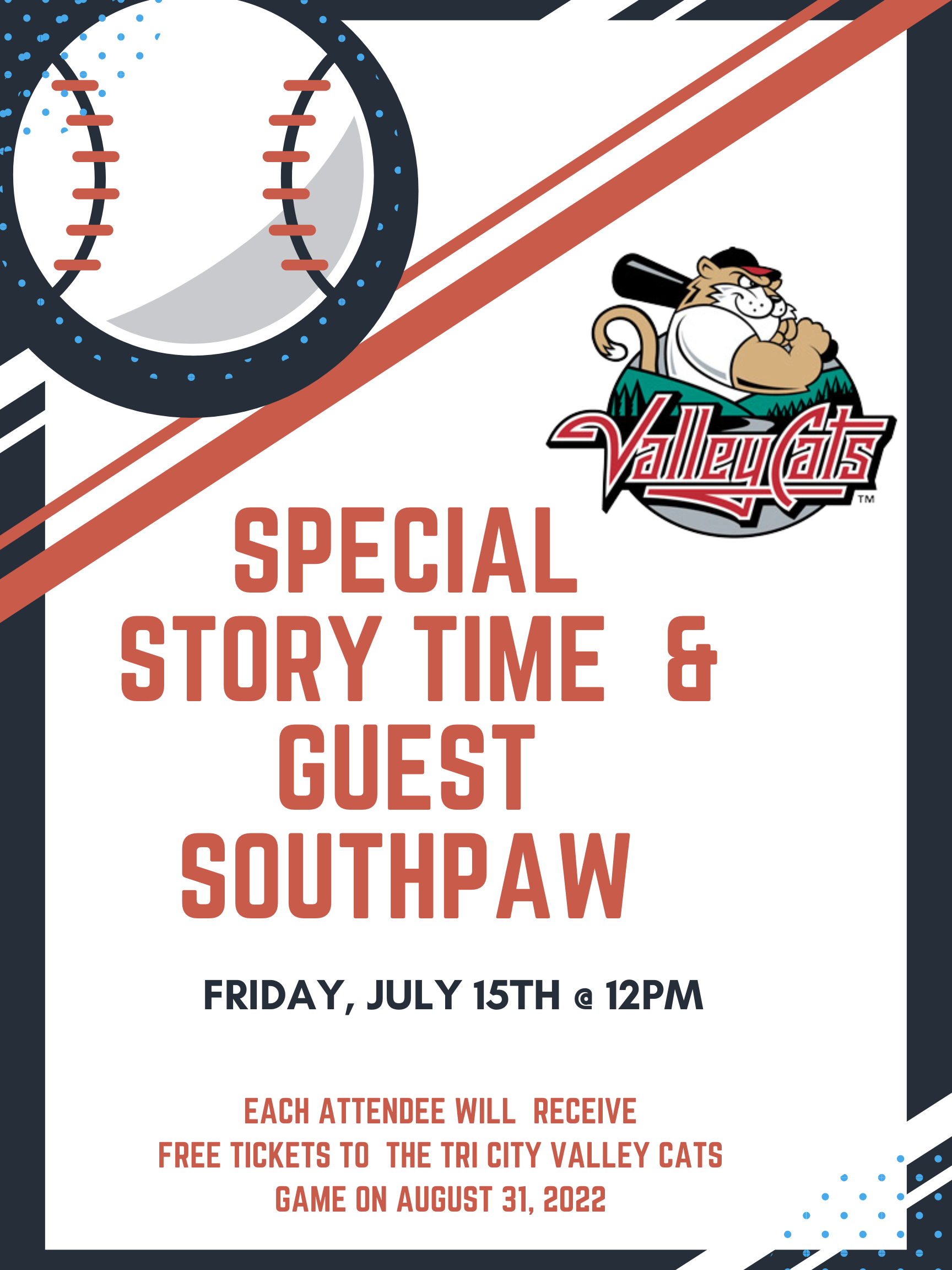 Special Story Time & Guest South Paw from the Tri City Valley Cats
