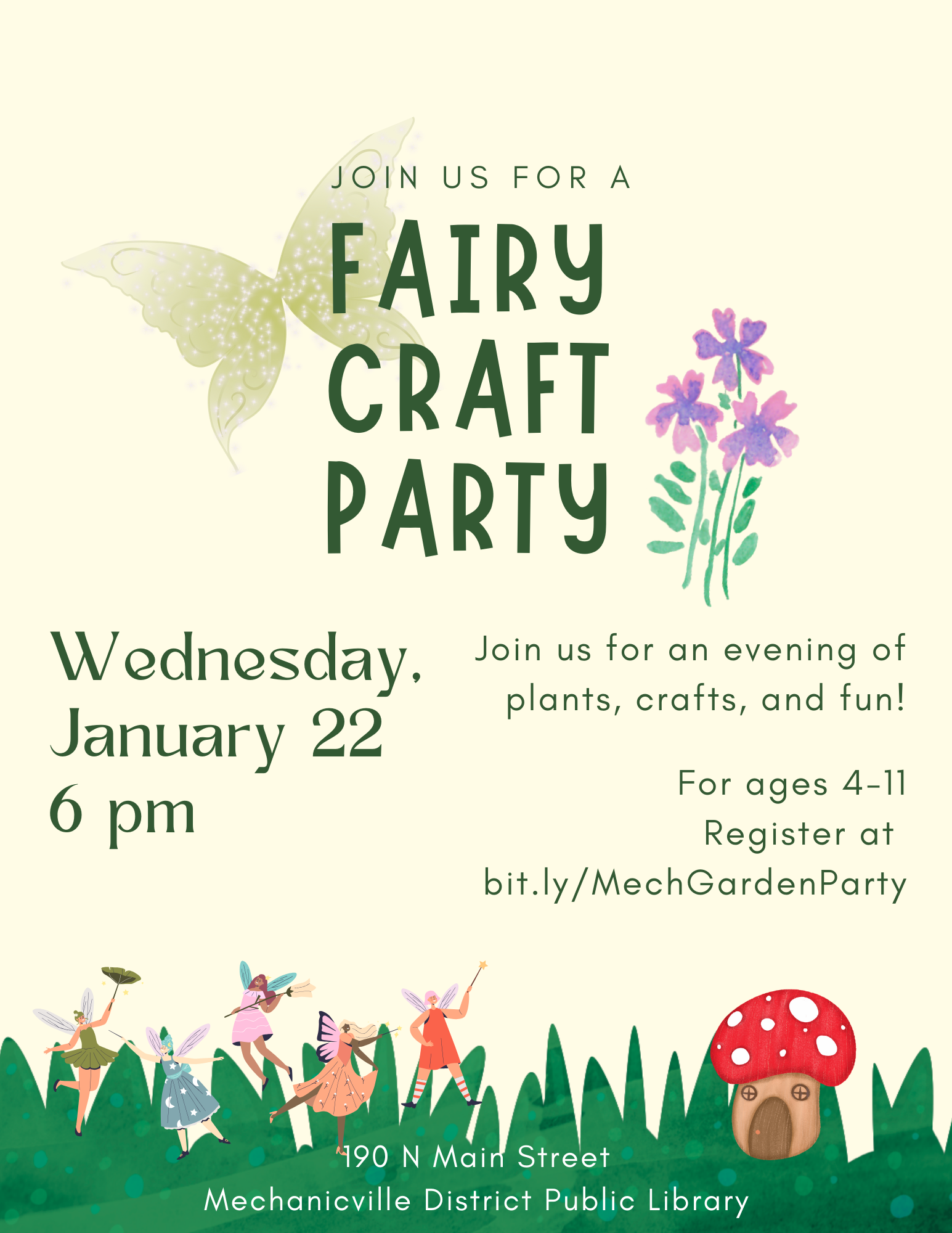 Fairy Craft Party Poster - yellow with green text and cute fairy illustrations