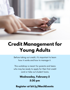 Credit Management for Young Adults flyer. Flyer lists the details of the program.