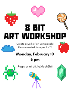 8 bit icons on a white background. flyer describes details of program