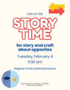 red and blue text on pale background. this flyer is for story time on tuesday february 4 at 11:30 am