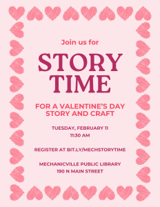 pink poster describing valentine's day story time