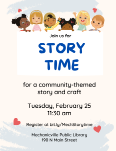 pale flyer with illustrations of a group of kids holding a sign for story time