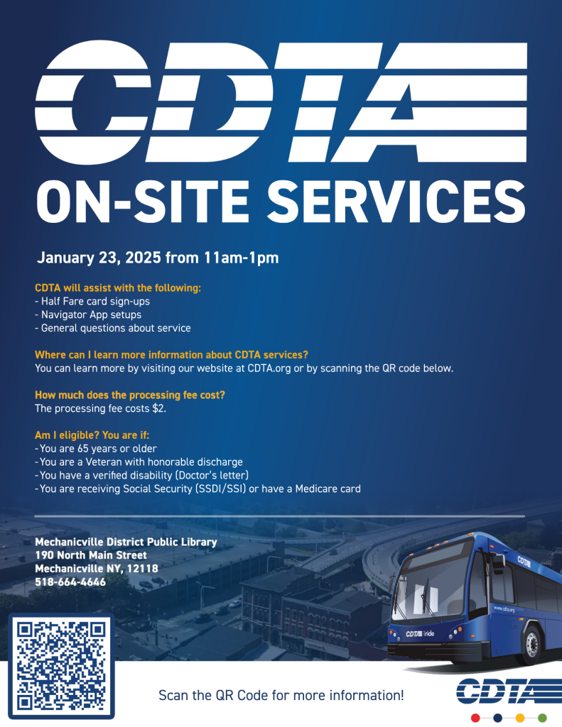 Flyer for CDTA coming to the Mechanicville Library.