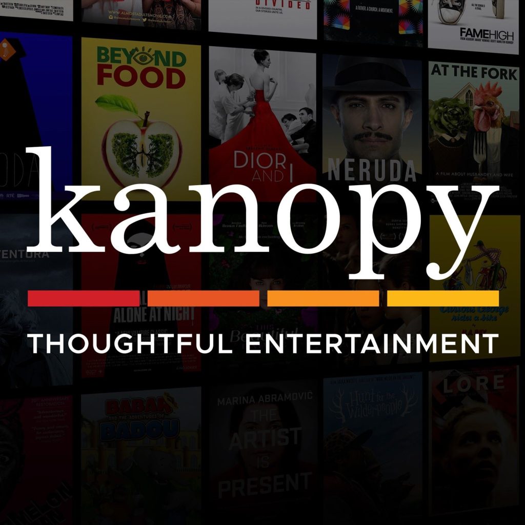 dark background with white lettering reads "Kanopy: Thoughtful Entertainment"